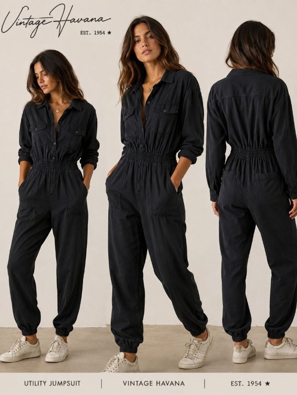 Vintage Havana Long-Sleeve Twill Jumpsuit W/Elastic Waist & Pockets Black Small